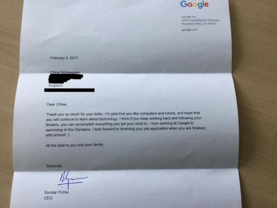 Niña pide trabajo en Google y el CEO le responde Niña pide trabajo en Google y el CEO le responde
