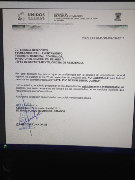 En Colima dan puente de 20 noviembre por “Natalicio de Benito Juárez” En Colima dan puente de 20 noviembre por “Natalicio de Benito Juárez”