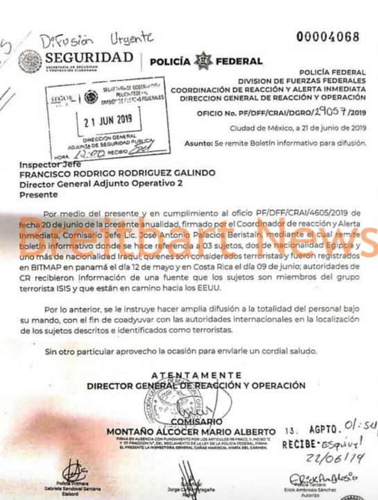 Oficio de la Policía Federal de México sobre terroristas de ISIS Oficio de la Policía Federal de México sobre terroristas de ISIS
