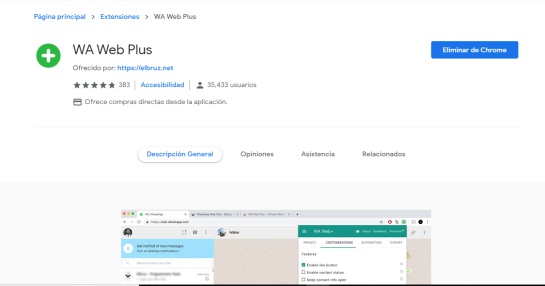 La extensión de Google Chrome Wa Web Plus, que debe ejecutarse de manera conjunta con WhatsApp Web La extensión de Google Chrome Wa Web Plus, que debe ejecutarse de manera conjunta con WhatsApp Web