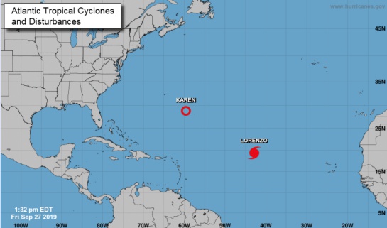 La tormenta tropical Karen y el Huracán Lorenzo en el Océano Atlántico La tormenta tropical Karen y el Huracán Lorenzo en el Océano Atlántico