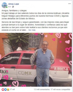 Promociona a su papá taxista por redes: "Servicio de taxi limpio y seguro" Promociona a su papá taxista por redes: "Servicio de taxi limpio y seguro"