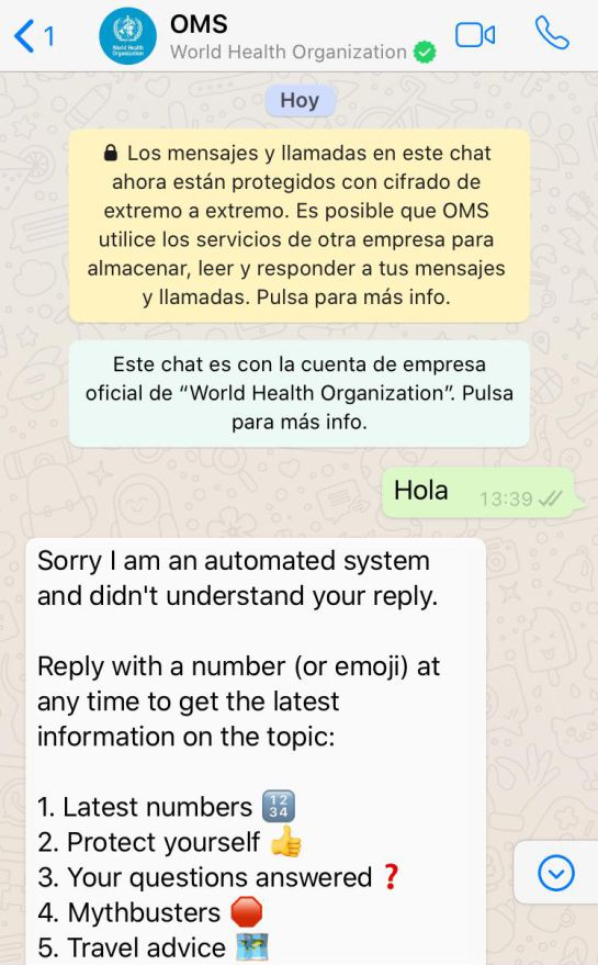 La Organización Mundial de la Salud (OMS) se unió con WhatsApp para brindar información sobre el Covid-19. La Organización Mundial de la Salud (OMS) se unió con WhatsApp para brindar información sobre el Covid-19.