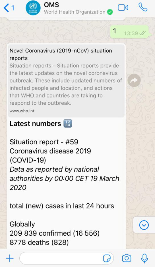 Así funciona el chat de la OMS que brindan información sobre el coronavirus en WhatsApp Así funciona el chat de la OMS que brindan información sobre el coronavirus en WhatsApp