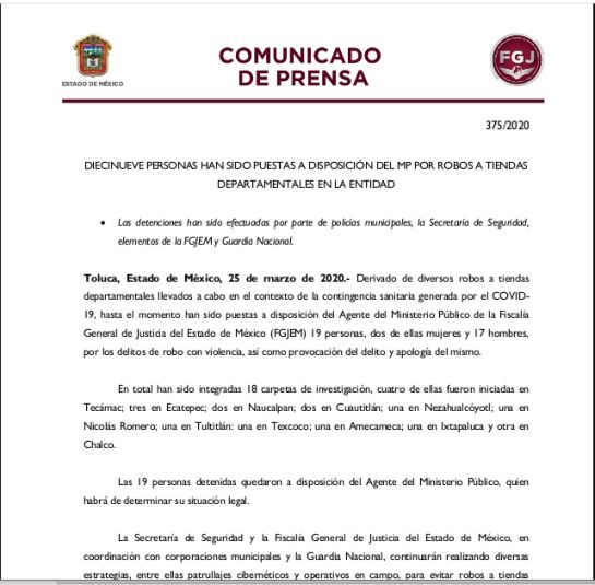 La fiscalía del Estado de México comunicó la detención de 19 personas. La fiscalía del Estado de México comunicó la detención de 19 personas.