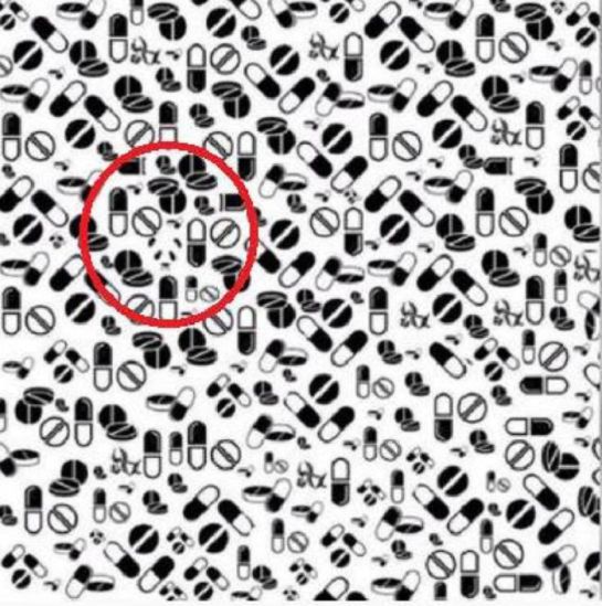 Reto visual; encuentra entre las pastillas al oso panda Reto visual; encuentra entre las pastillas al oso panda