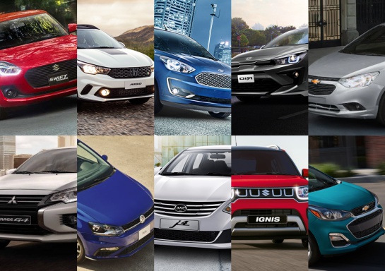 De izquierda a derecha primera fila: Swift, Argo, Figo, Rio, Aveo; segunda fila: Mirage G4, Polo, J4, Ignis, Spark De izquierda a derecha primera fila: Swift, Argo, Figo, Rio, Aveo; segunda fila: Mirage G4, Polo, J4, Ignis, Spark