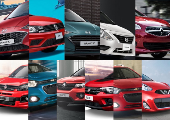 De izquierda a derecha primera fila: Grand i10 sedán, Gol, Grand i10 hatchback, V-Drive, Attitude; segunda fila:Uno, Beat NB, Kwid, Mobi, Beat HB, March De izquierda a derecha primera fila: Grand i10 sedán, Gol, Grand i10 hatchback, V-Drive, Attitude; segunda fila:Uno, Beat NB, Kwid, Mobi, Beat HB, March