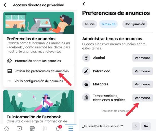 Selecciona “Revisar las preferencias de anuncios”; da click en “Ver menos” dentro de la categoría que dice “Temas sociales, elecciones o política”. Selecciona “Revisar las preferencias de anuncios”; da click en “Ver menos” dentro de la categoría que dice “Temas sociales, elecciones o política”.