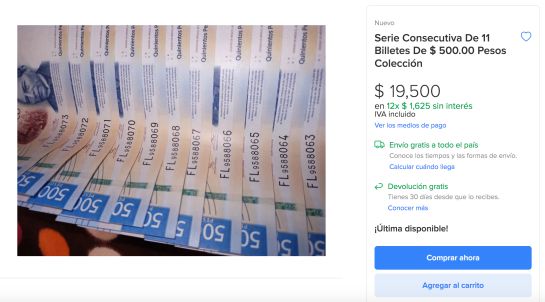 De acuerdo con el vendedor, los 11 billetes de 500 pesos son consecutivos, motivo por el cual el precio es tan elevado. De acuerdo con el vendedor, los 11 billetes de 500 pesos son consecutivos, motivo por el cual el precio es tan elevado.