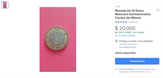 La moneda de 10 pesos conmemorativa al cambio de milenio se vende en 20 mil pesos. La moneda de 10 pesos conmemorativa al cambio de milenio se vende en 20 mil pesos.