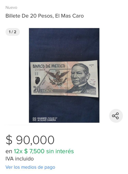 Por estas características billete de 20 pesos cuesta hasta 90 mil pesos Por estas características billete de 20 pesos cuesta hasta 90 mil pesos