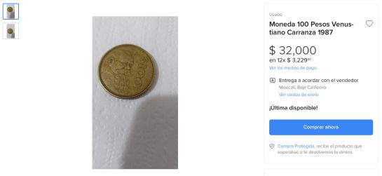 La que se vende fue emitida en 1987 y cuenta con la imagen de Venustiano Carranza en uno de sus lados. La que se vende fue emitida en 1987 y cuenta con la imagen de Venustiano Carranza en uno de sus lados.