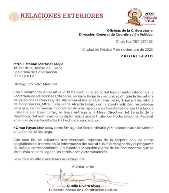 SRE propone a Omar Fayad como embajador de México en Noruega SRE propone a Omar Fayad como embajador de México en Noruega
